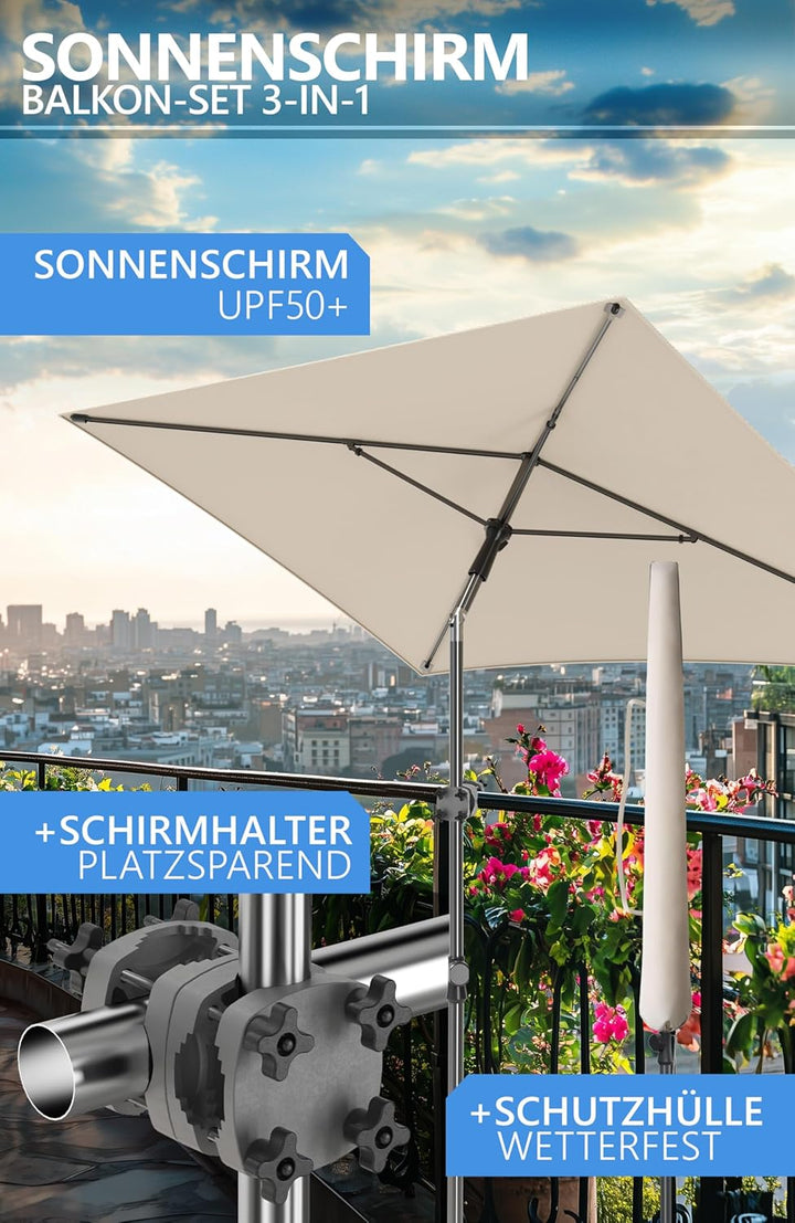 4smile Sonnenschirm Balkon SunnyShade, Sonnnenschutz Balkon SET 3-in-1, Beige - UV50+ SunnyGuy Sonne
