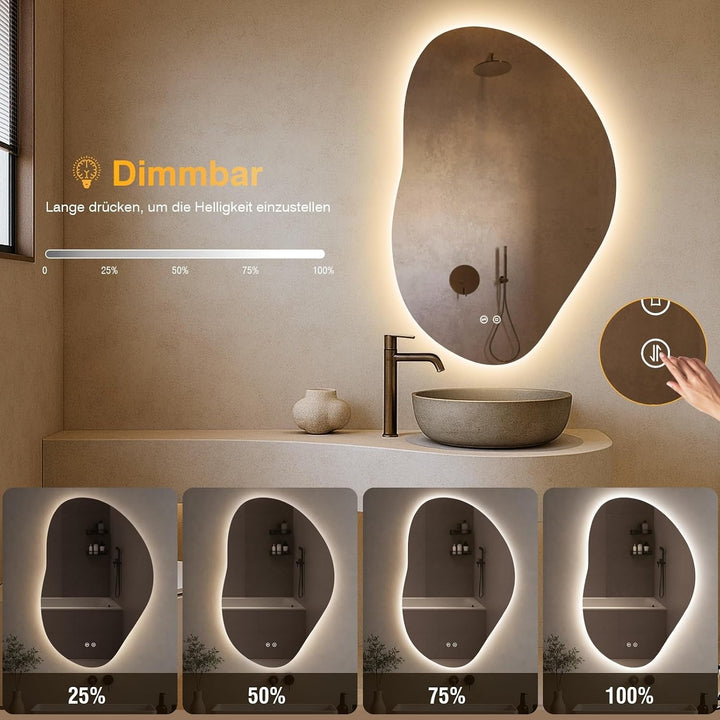 Spiegel mit Beleuchtung Asymmetrischer, LED Badspiegel mit Touch-Schalter, 3 Lichtfarbe, Dimmbar, Ba