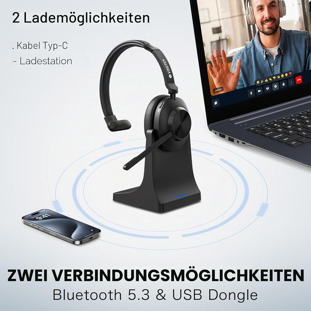 Voistek On-Ear Wireless Headset mit Bluetooth & USB-Dongle – 50 Std. Akkulaufzeit, Geräuschunterdrüc