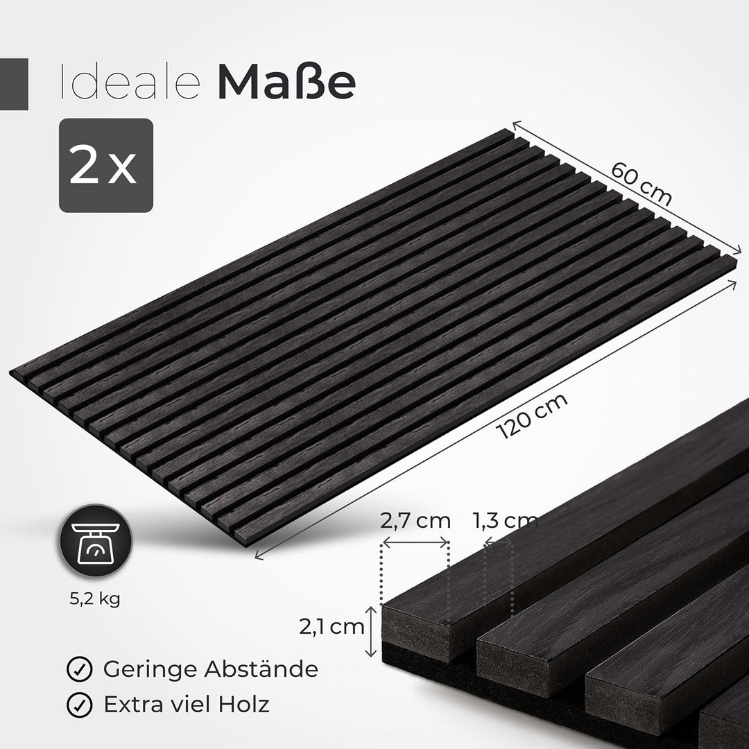 Aeco Sound® - Akustikpaneele aus Holz, 2 Stück x 120x60cm - Wandpaneele aus Akustik-Filz (Schwarz) &