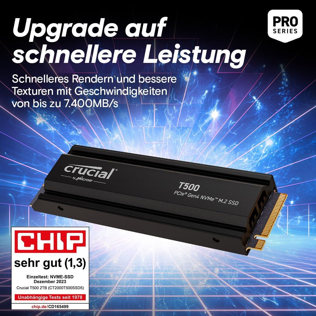 Crucial T500 SSD 1TB PCIe Gen4 NVMe M.2 Interne PS5 SSD Festplatte mit Kühlkörper, bis 7300MB/s, Lap