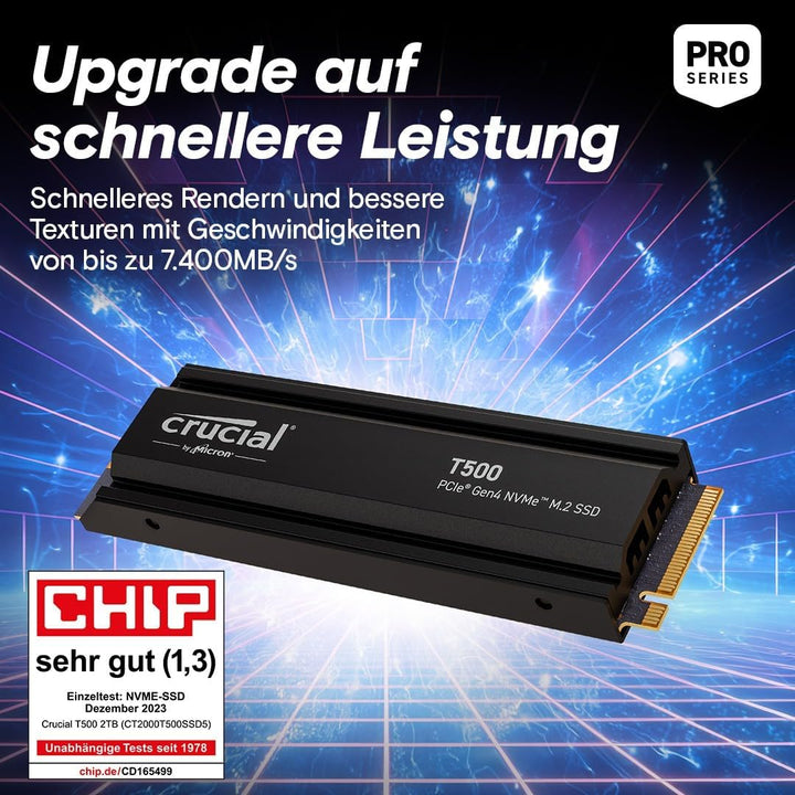 Crucial T500 SSD 1TB PCIe Gen4 NVMe M.2 Interne PS5 SSD Festplatte mit Kühlkörper, bis 7300MB/s, Lap