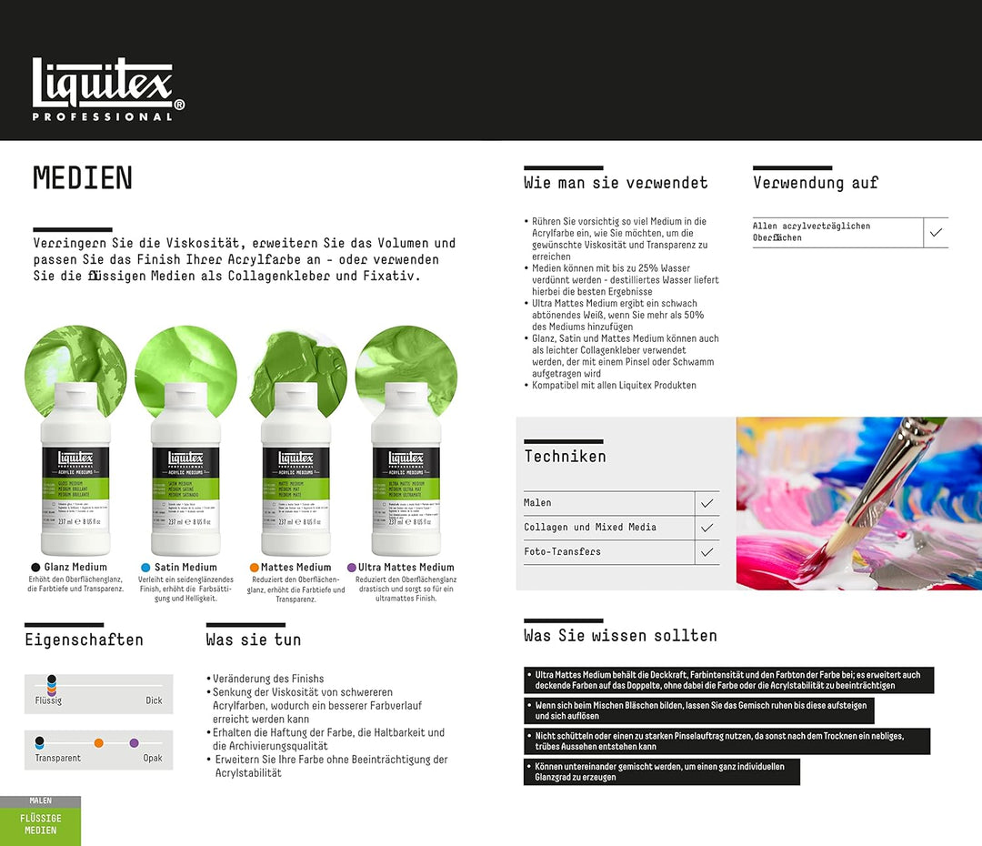 Liquitex 5036 Professional mattes Medium für Acrylfarben, verleiht Farben eine seidenmatte Oberfläch