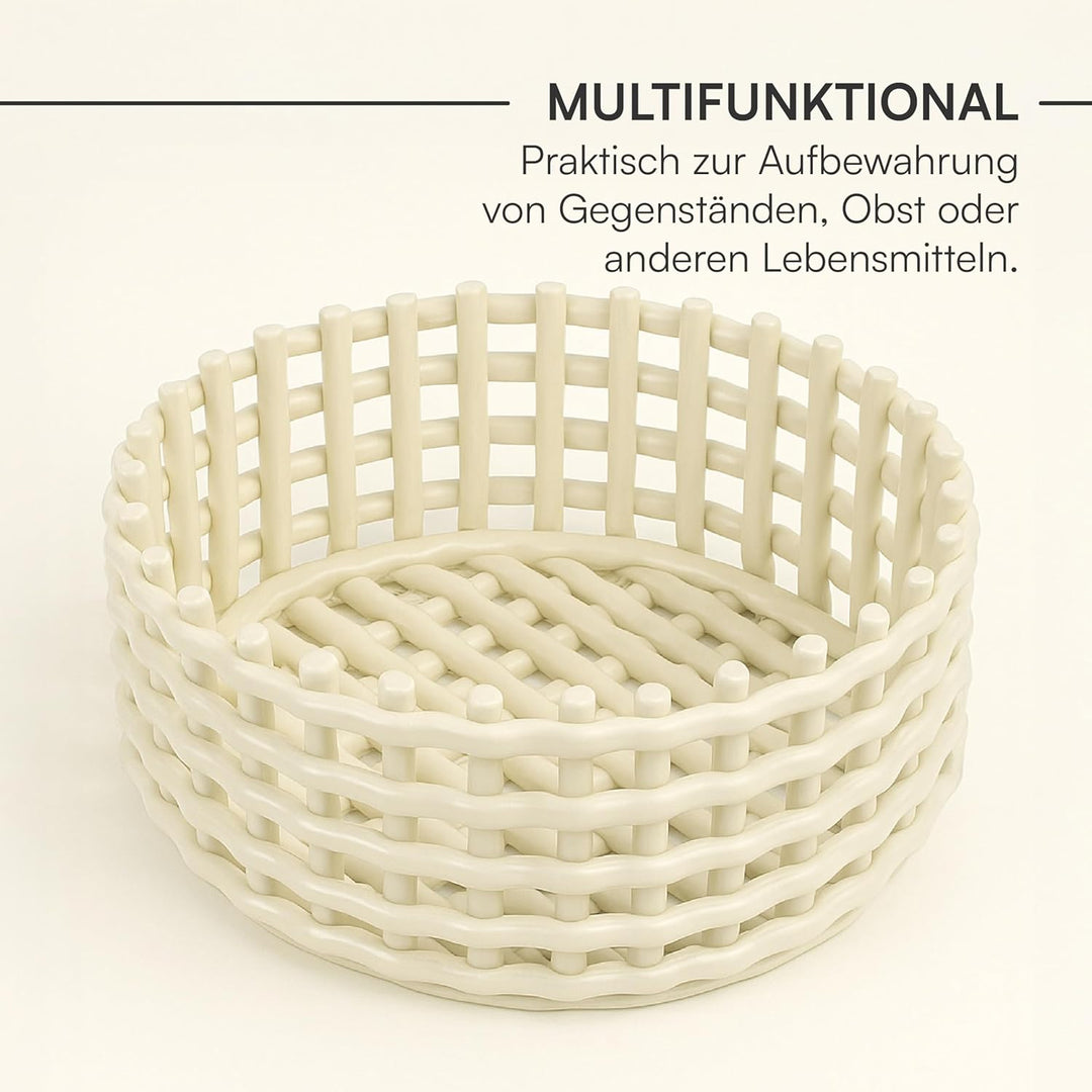 Baroni Home Geflochtener Mehrzweckkorb aus Keramik, Obstschale, Tischdeko, Taschenleerer, rund, weis