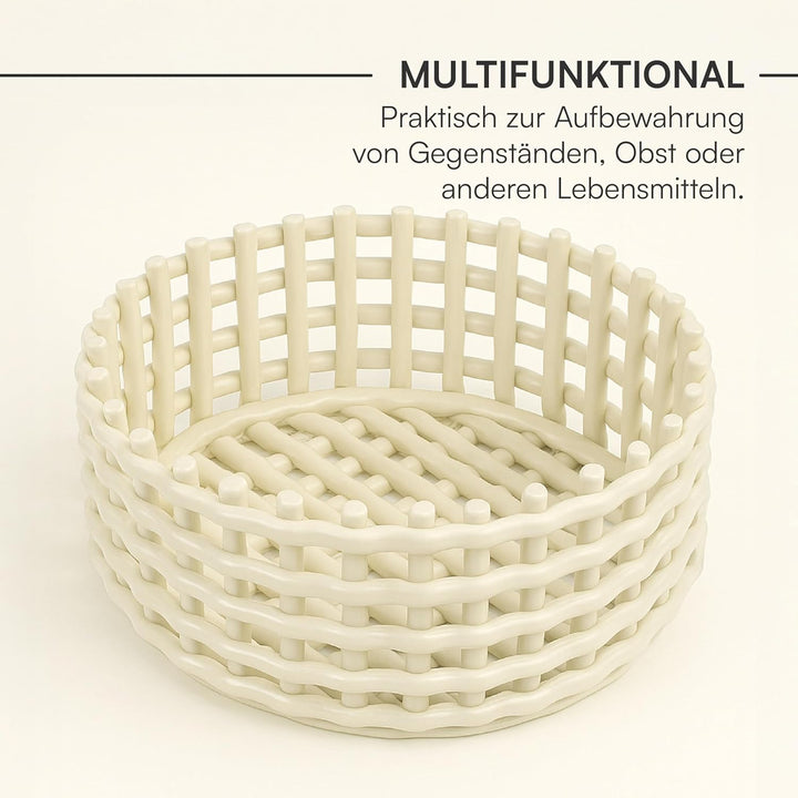 Baroni Home Geflochtener Mehrzweckkorb aus Keramik, Obstschale, Tischdeko, Taschenleerer, rund, weis