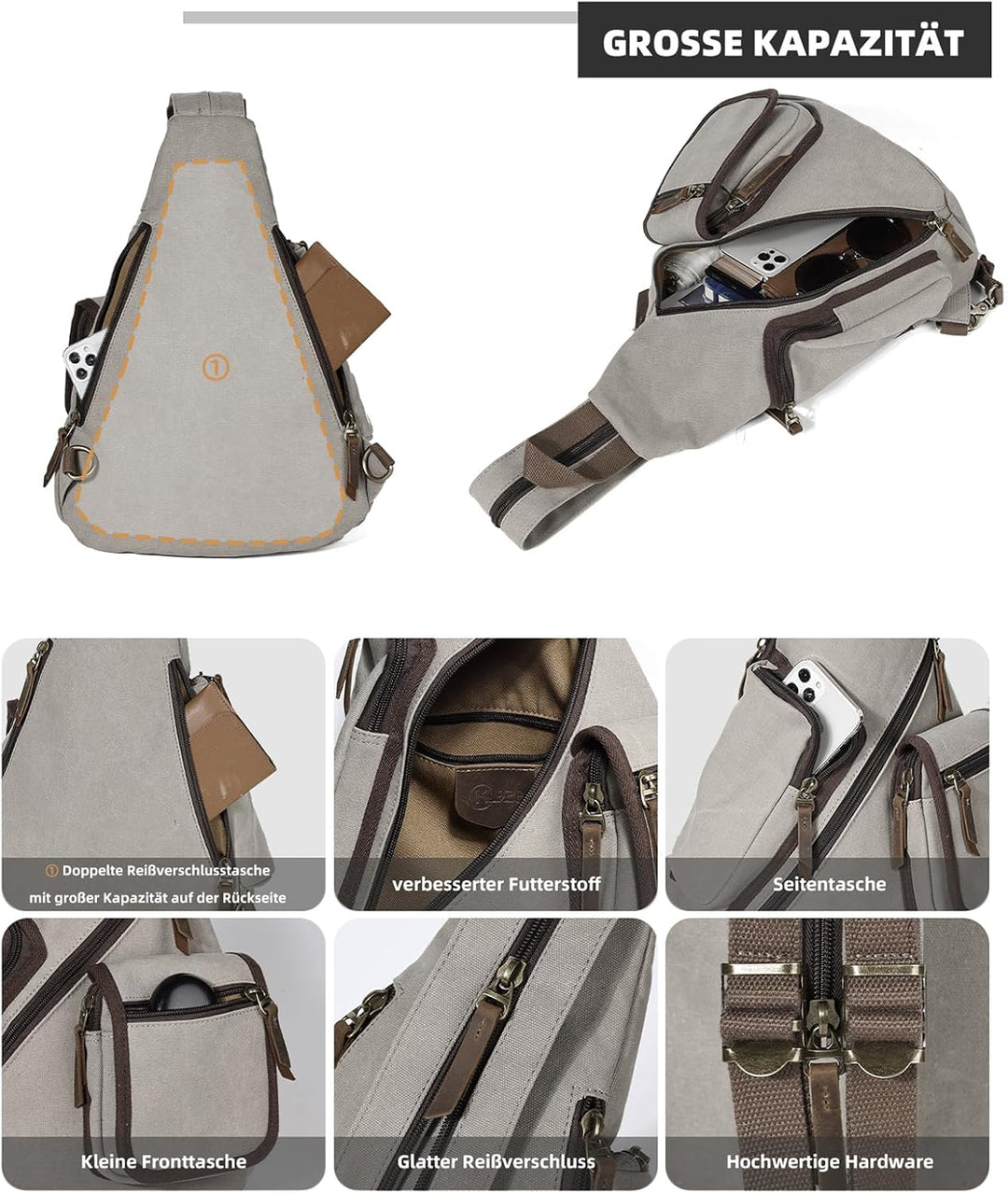 KL928 Canvas Sling Bag Herren und Damen, Crossbody Brusttasche Schulterrucksack Schultertasche Rucks
