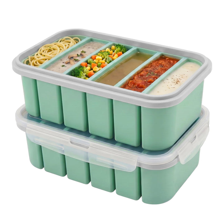 2 Stück Suppen Einfrieren Behälter, 6 Fach Silikon Gefrierform mit Deckel & Clipverschluss, Eiswürfe