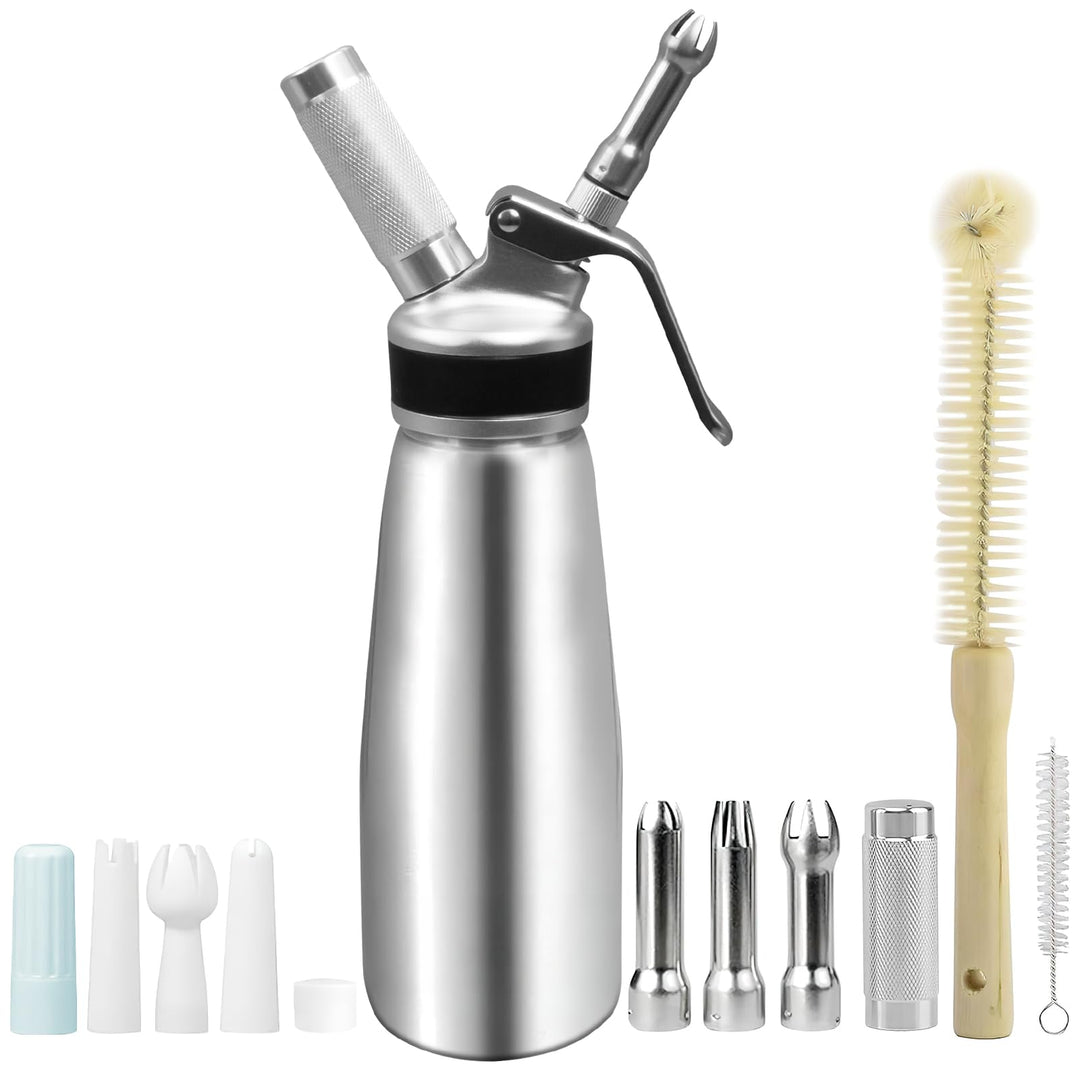 Sahnespender 500 ml aus Aluminium, Sahnebereiter mit 6 Dekordüsen, Schutzkappe und Reinigungsbürsten
