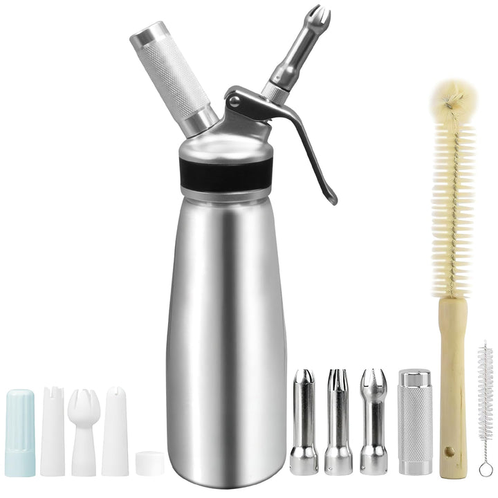 Sahnespender 500 ml aus Aluminium, Sahnebereiter mit 6 Dekordüsen, Schutzkappe und Reinigungsbürsten