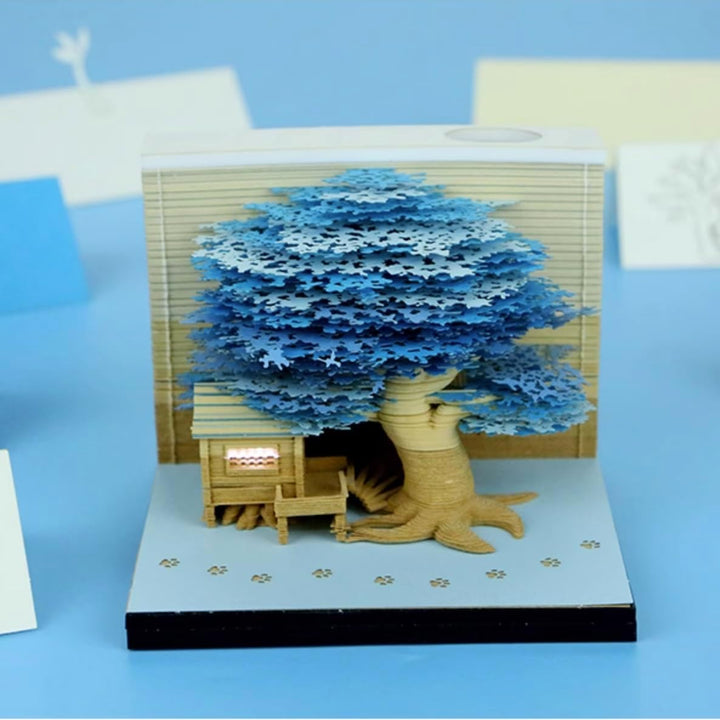 MEICHI 3D Notizblock, nicht verklebt, 3D Baumhaus (Blau) Papierkunst mit Anzeigebox glasklar, 9 x 9