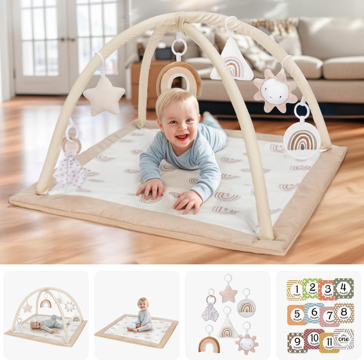 Mallify - Spielmatte für Babys mit Krabbeldecke, 6 abnehmbaren sensorischen Spielzeugen und 12 bunte