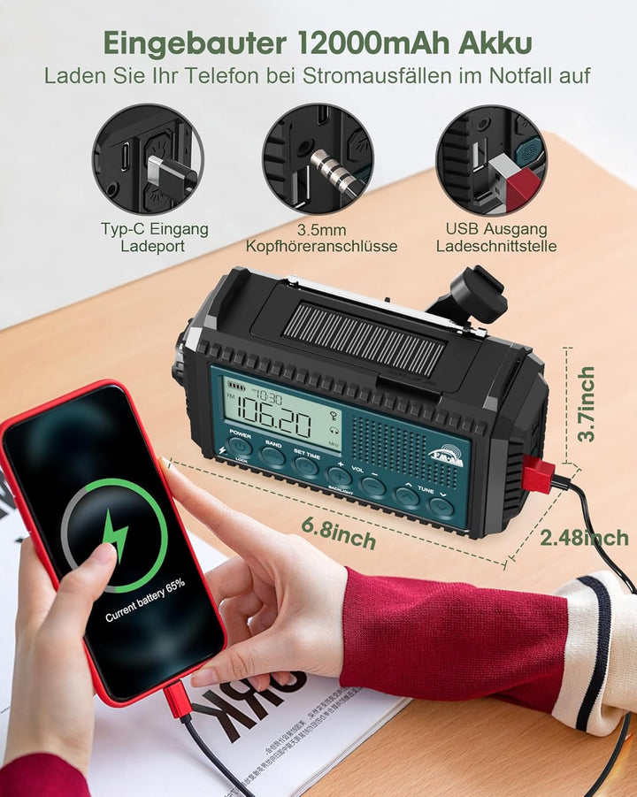 Roxicosly Kurbelradio, Notfallradio mit 12000 mAh Power Bank, AM/FM/SW Baustellenradio, Kurbel & 5-W
