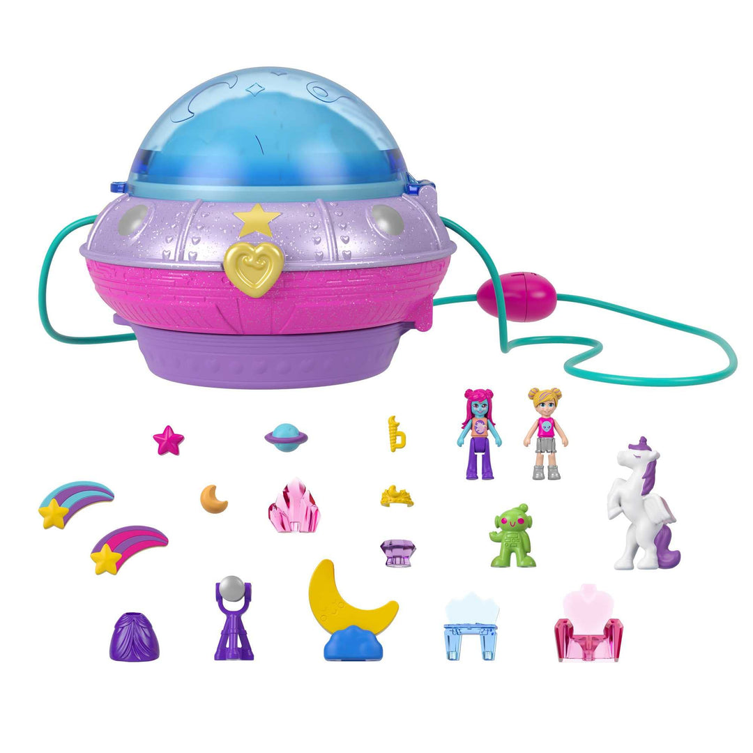 Polly Pocket HCG25 - Weltraum Spielset, 2 Micro Puppen, 15 Zubehörteile, 1 Modestück, Pop & Swap Fun
