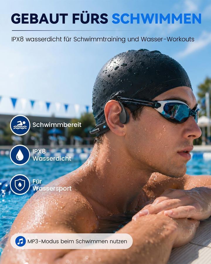 HIFI WALKER Knochenschall Kopfhörer zum Schwimmen, 32 GB MP3, Bluetooth 6.0 Schwarz, Schwarz