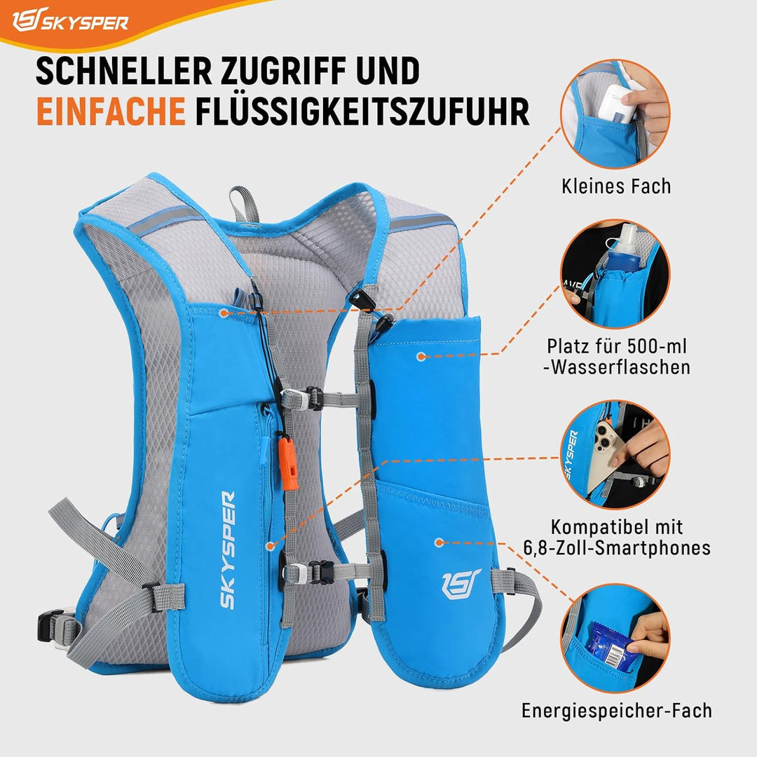 SKYSPER Laufweste Ultraleichter 5L, Trinkrucksack mit weichen Flaschen 500ml Laufrucksack Herren Dam
