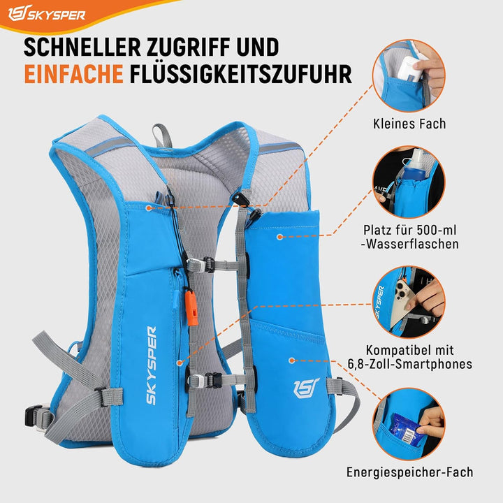 SKYSPER Laufweste Ultraleichter 5L, Trinkrucksack mit weichen Flaschen 500ml Laufrucksack Herren Dam