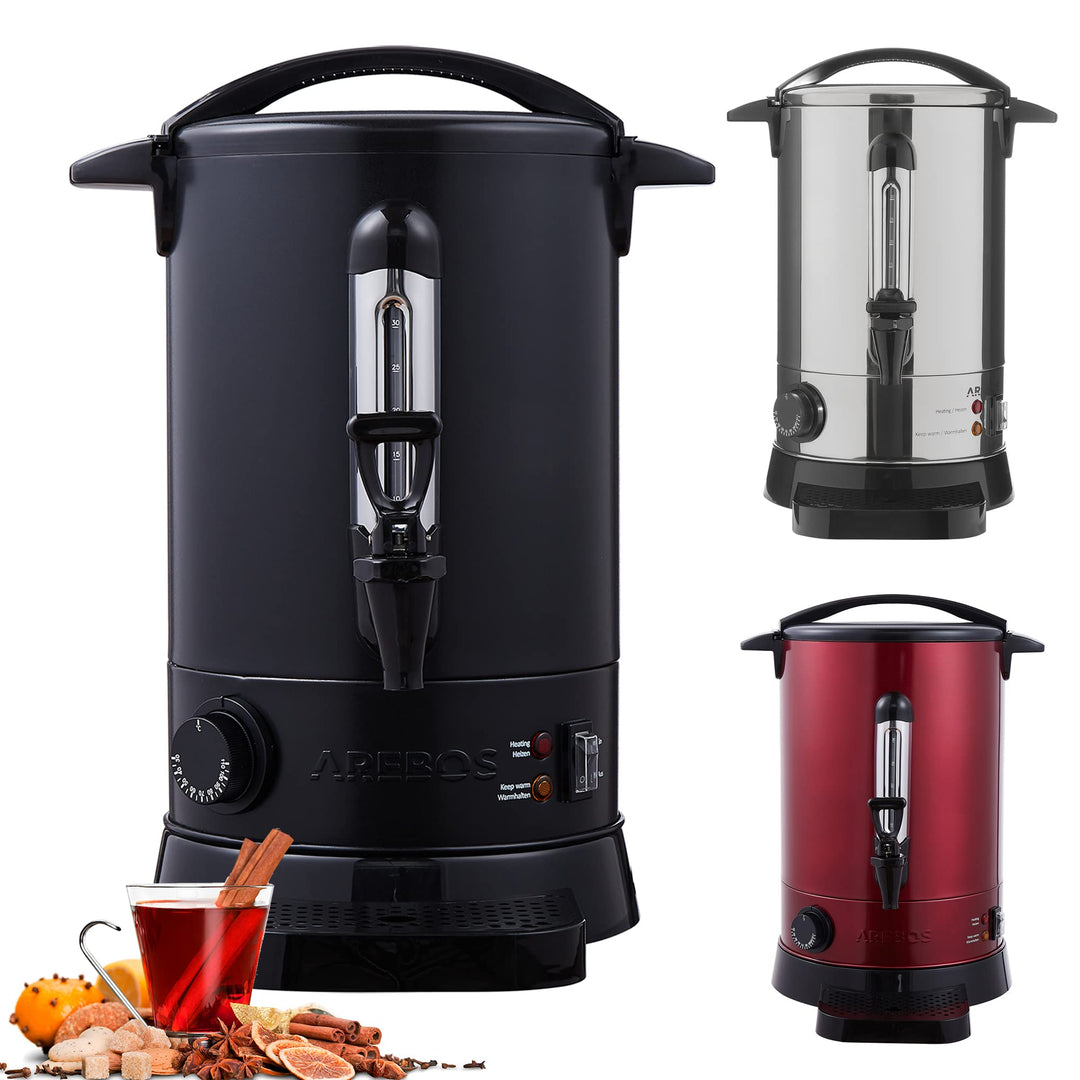 Arebos Glühweinkocher 950 W | Heissgetränkespender | 6,8 L | mit Auffangschale, Auslasshahn, Thermos