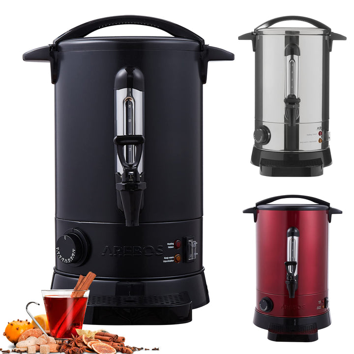 Arebos Glühweinkocher 950 W | Heissgetränkespender | 6,8 L | mit Auffangschale, Auslasshahn, Thermos