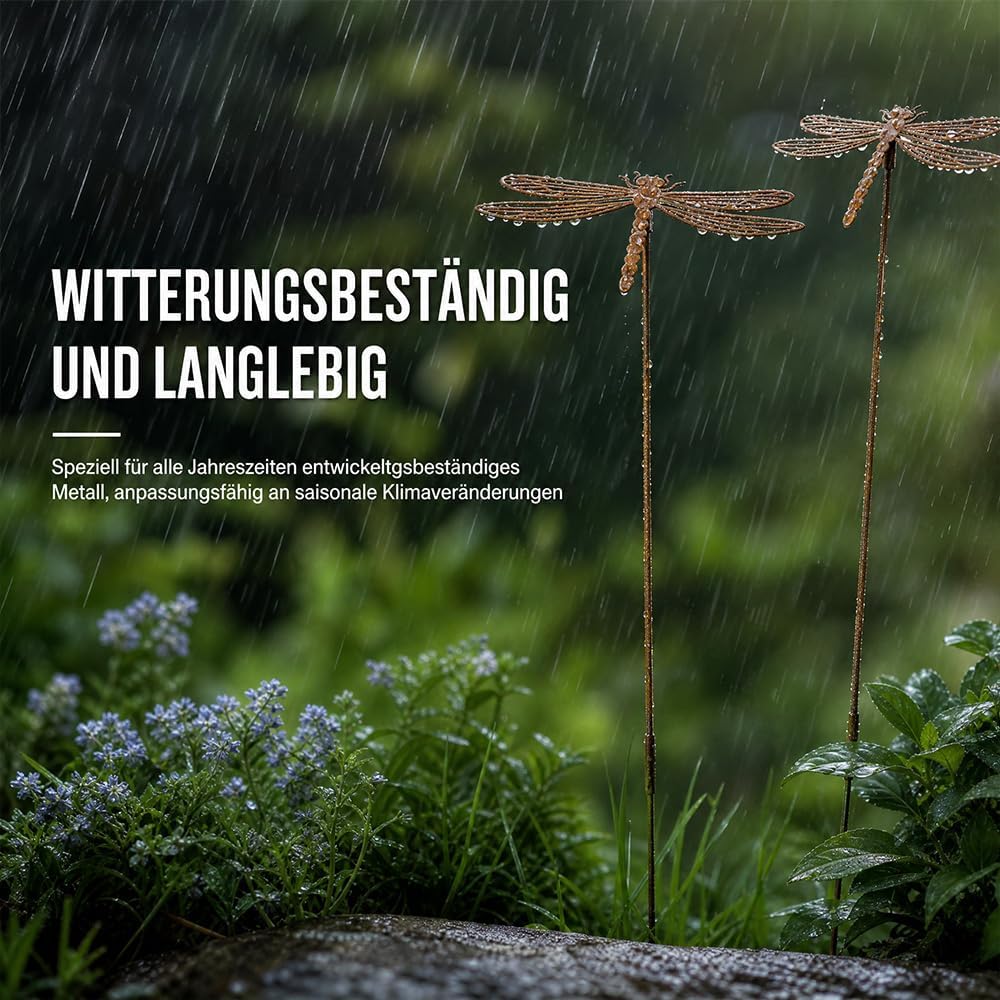 2er Set Gartenstecker Rost Libellen, Gartenstecker Metall, Gartendeko Rost für Draussen, Edelrost Ga