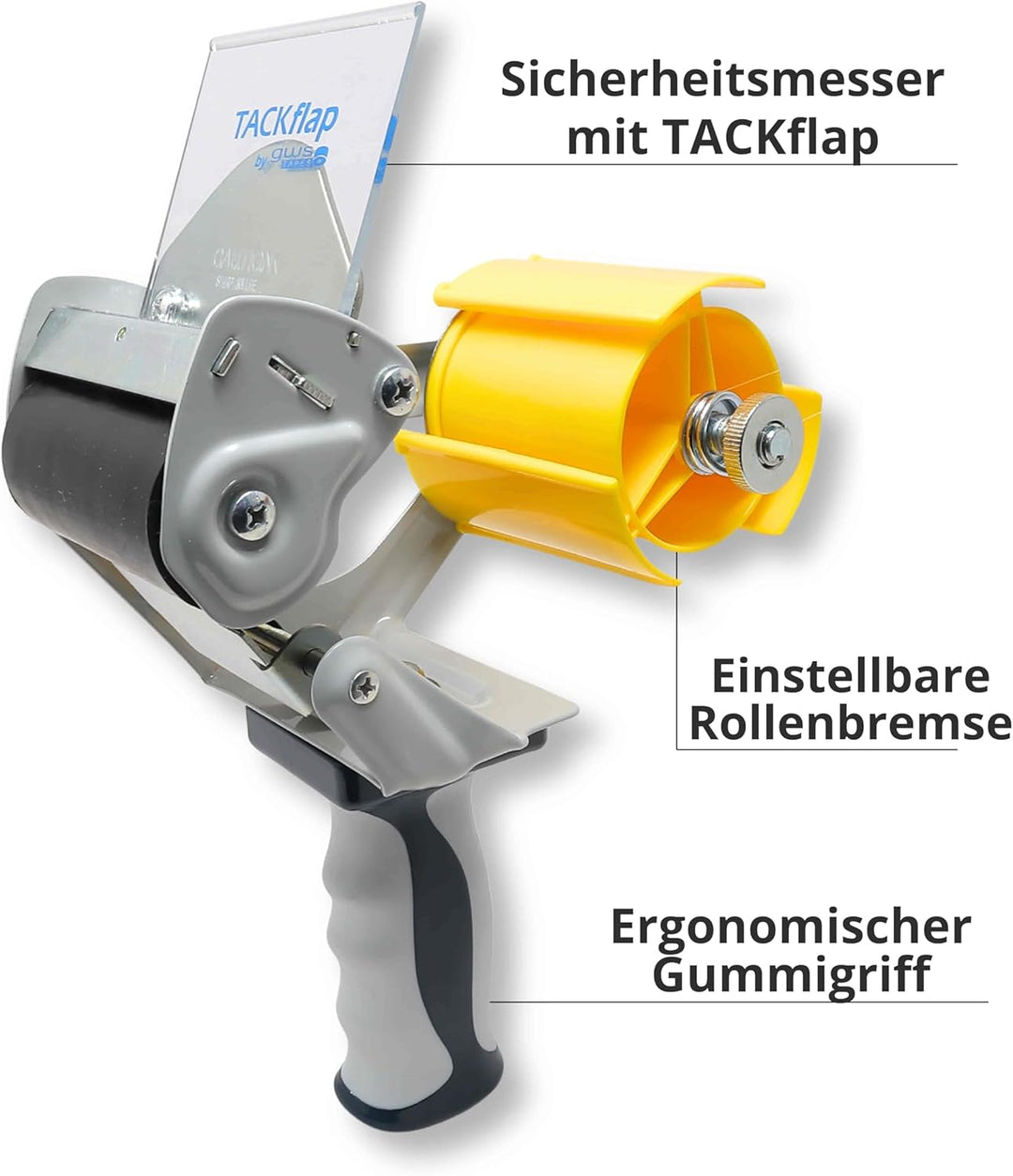 gws Packband Handabroller Professioneller Klebebandabroller mit stabilem Metallrahmen, Sicherheitskl