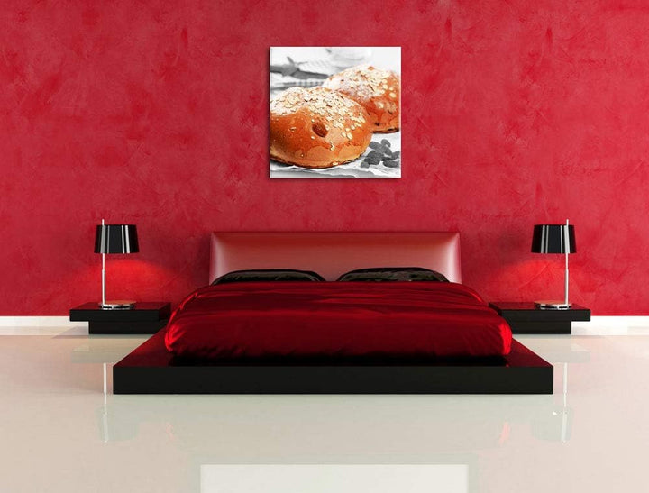 Pixxprint Rosinenbrötchen mit Hafer schwarz/weiss, Format: 70x70 auf Leinwand, 70x70