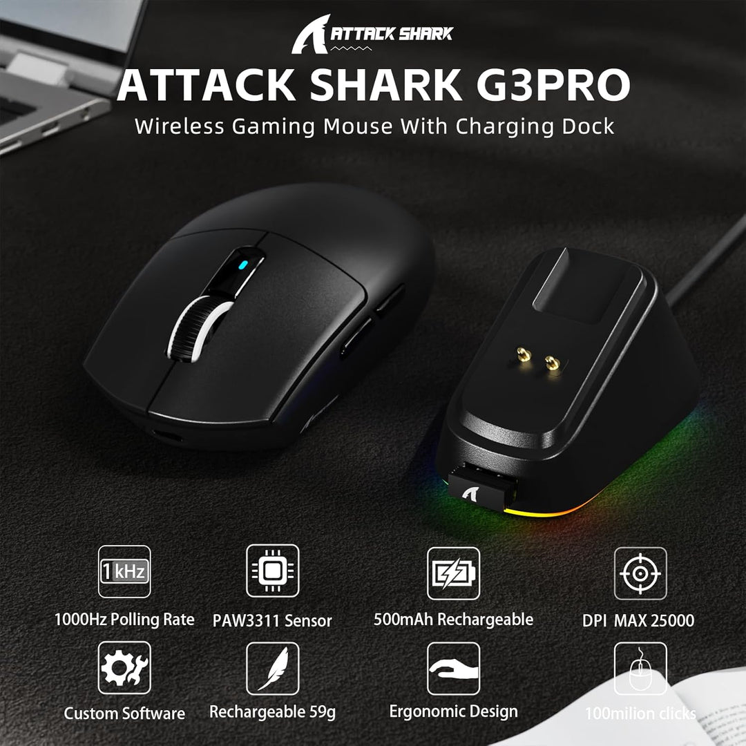 ATTACK SHARK G3PRO Kabellose Gaming-Maus mit Magnetischer Ladestation, PixArt PAW3311-Sensor, Bis zu
