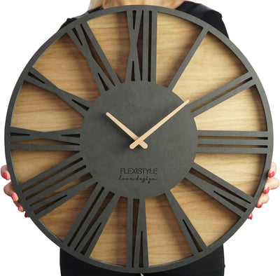 FLEXISTYLE Gross wanduhr ohne tickgeräusche Roman LOFT Schwarz 50cm, Wohnzimmer, Schlafzimmer, in EU