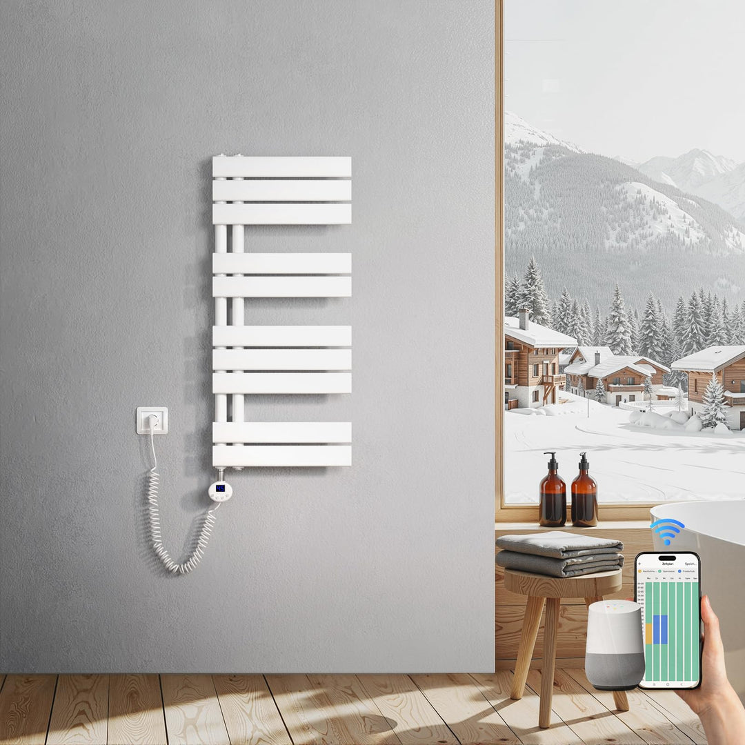 Heilmetz Badheizkörper Elektrisch 899 x 400mm Weiss mit WIFI Smart Heizstab 400W, Flach Handtuchwärm