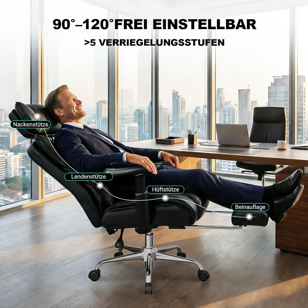 BASETBL Bürostuhl 200kg, 4D Armlehnen, Chefsessel mit 4-stufiger Gasdruckfeder, Verstellbarer Lenden