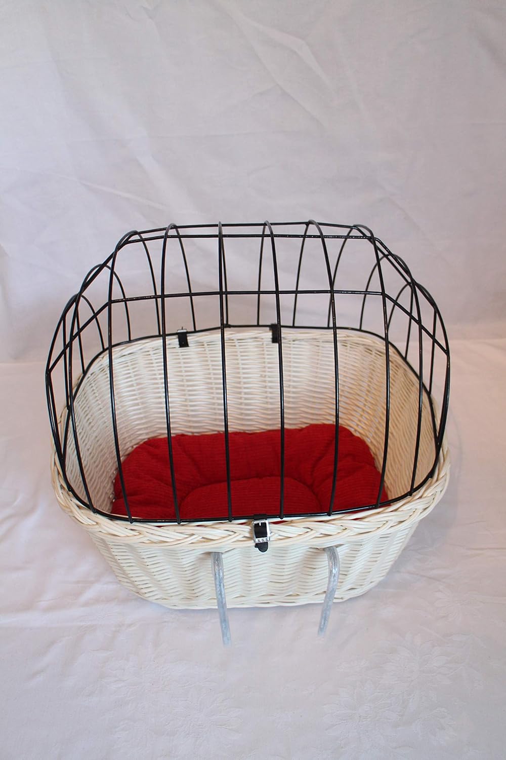 Hundefahrradkorb für Fahradlenker aus Weide mit Metallgitter und Kissen L, XL oder XXL weiss (XL mit
