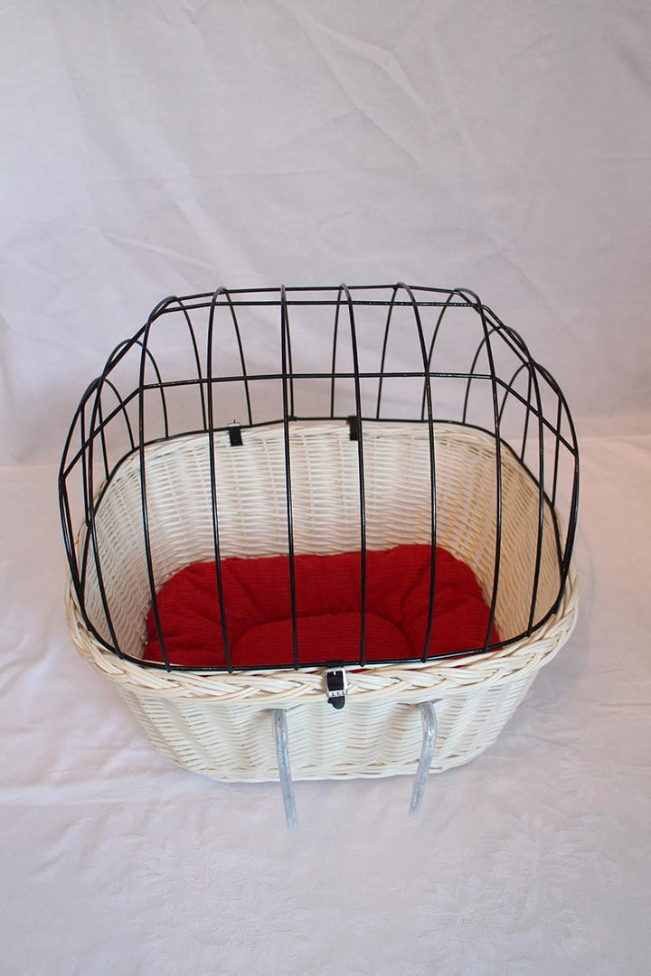 Hundefahrradkorb für Fahradlenker aus Weide mit Metallgitter und Kissen L, XL oder XXL weiss (XL mit