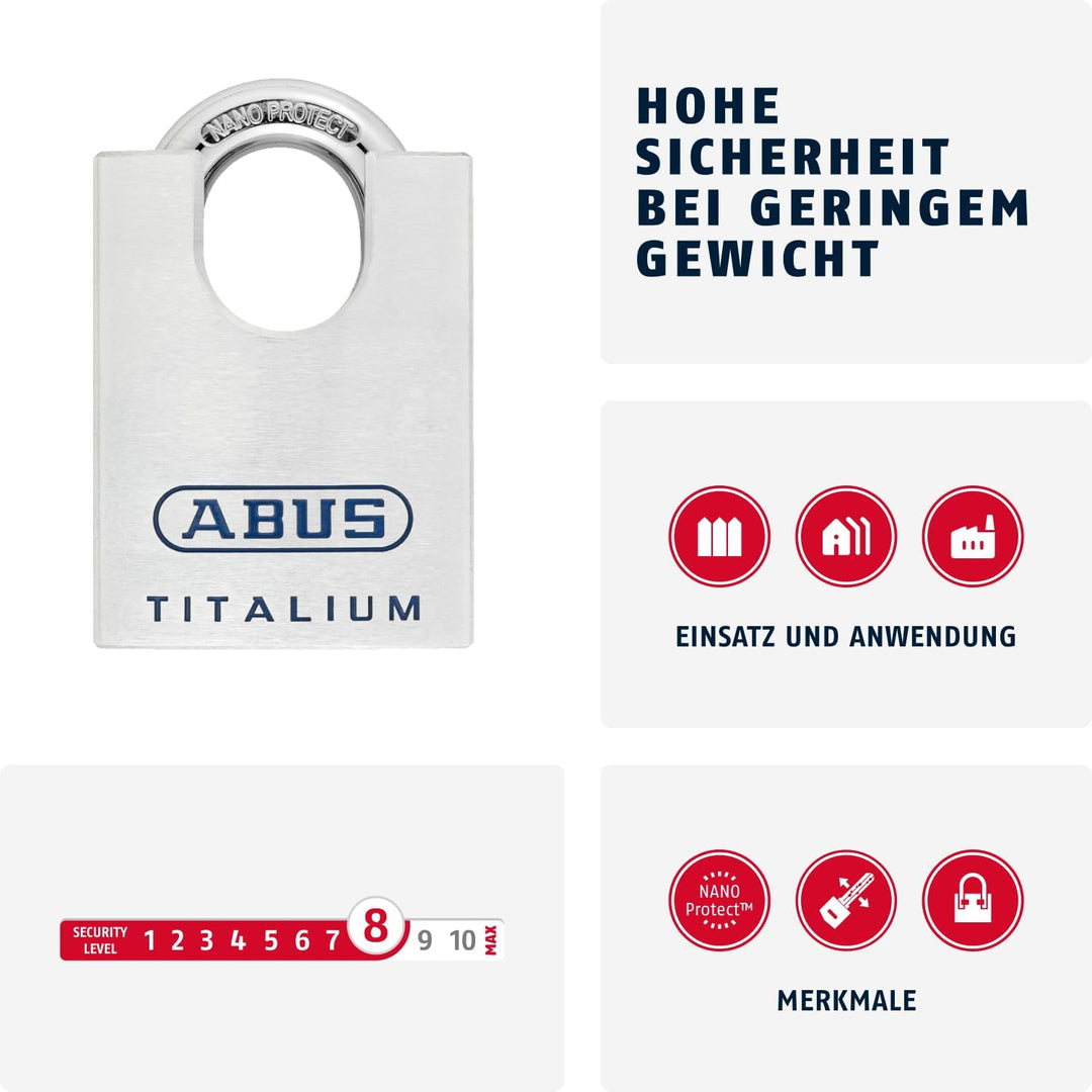 ABUS Titalium Vorhängeschloss 96CSTI/50 - leichter Schlosskörper aus massivem Spezial-Aluminium - mi