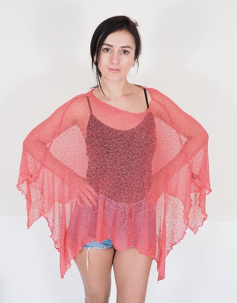 Damen Häkelspitze strecken Fisch-Netz Batwing Poncho Einheitsgrösse Grosse Grössen Coral, Einheitsgr