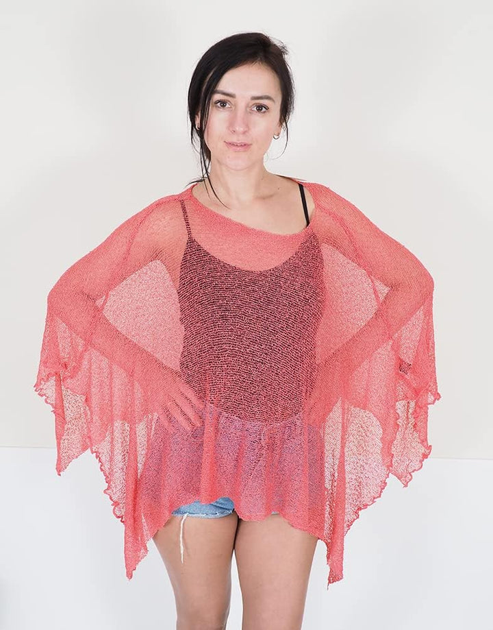 Damen Häkelspitze strecken Fisch-Netz Batwing Poncho Einheitsgrösse Grosse Grössen Coral, Einheitsgr