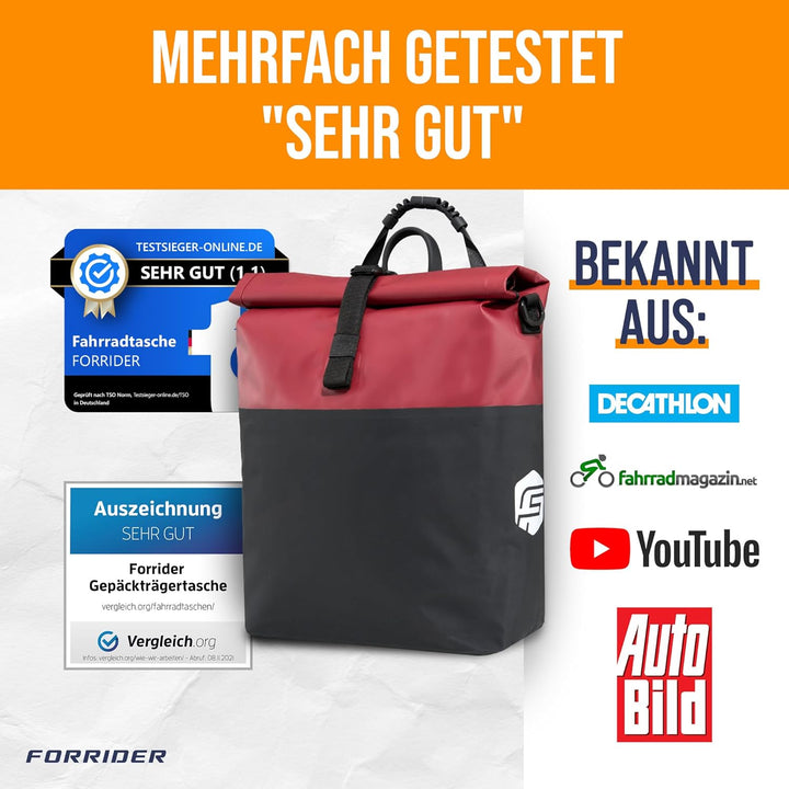 Forrider Fahrradtasche Wasserdicht für Gepäckträger [22L Volumen] mit Schultergurt | Gepäckträgertas