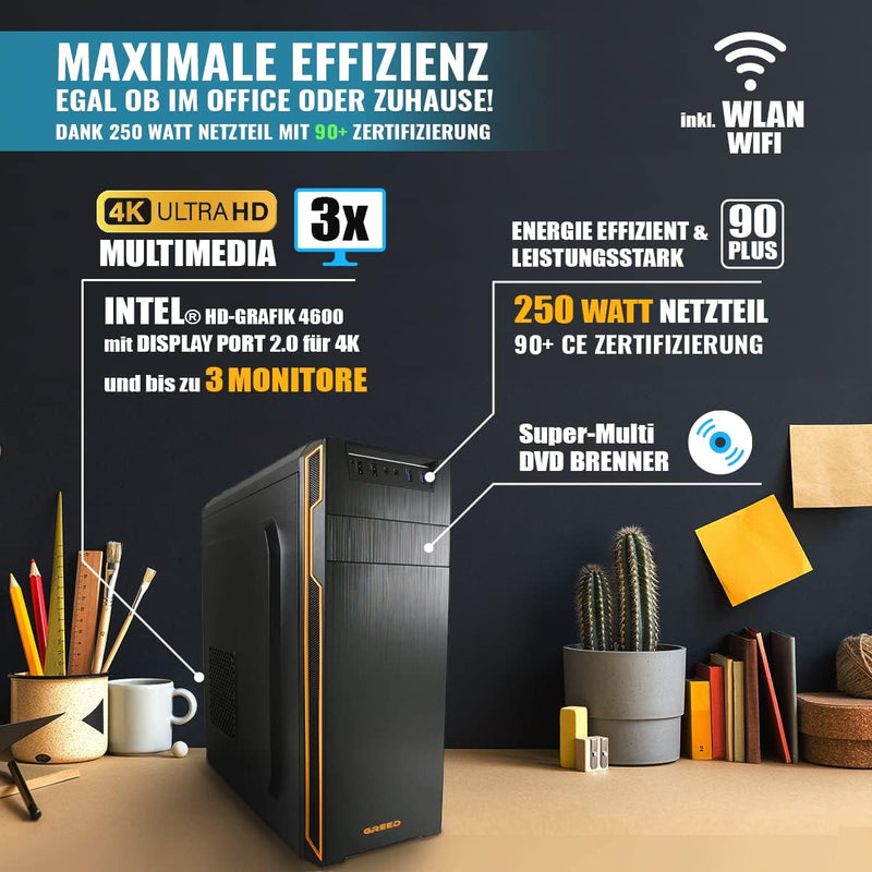 GREED® Basic PC mit Intel Core i5 4590 - Schneller Rechner + Computer für Büro & Home Office mit 3,7