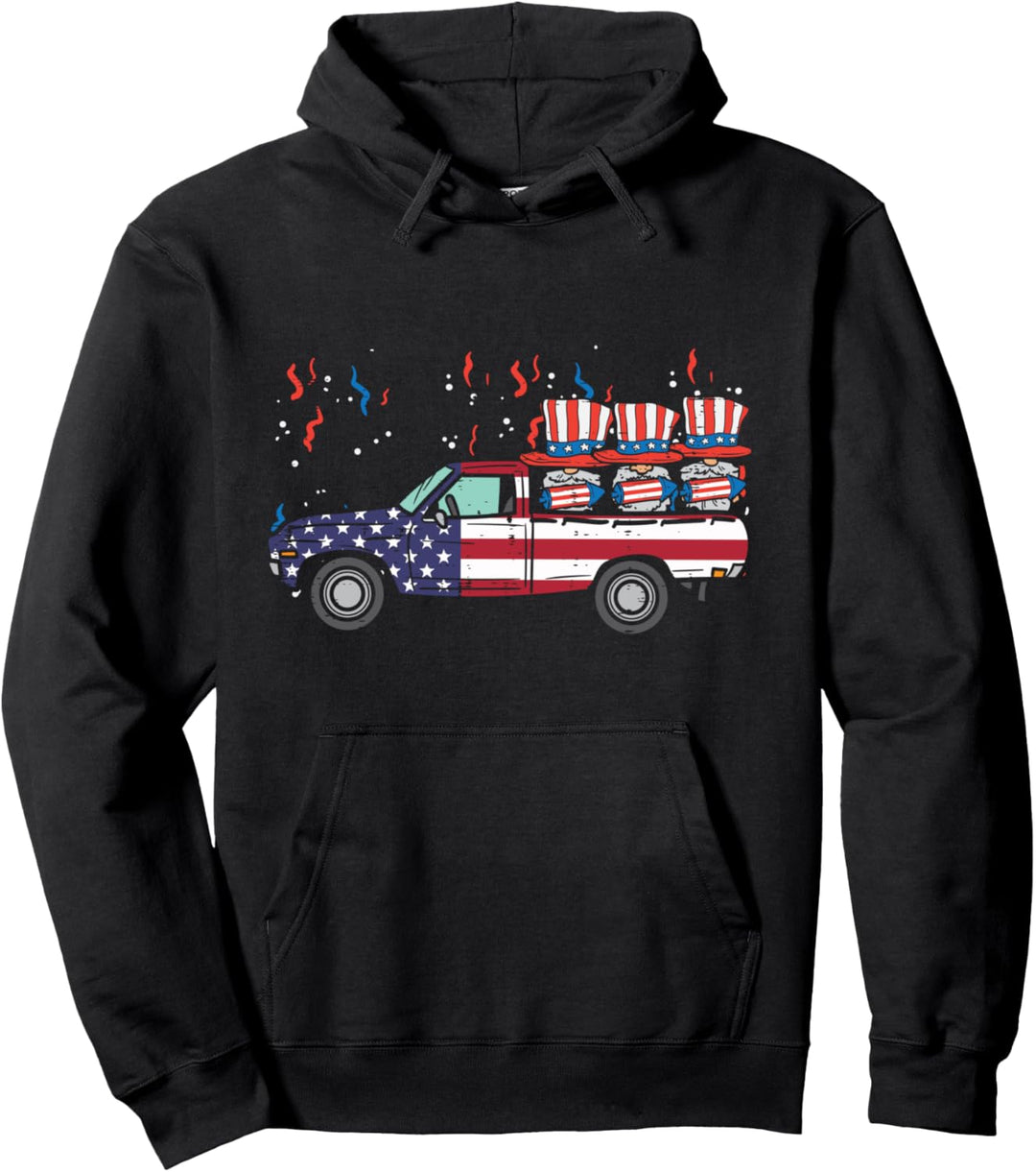 Pickup Truck Uncle Sam Gnomes American Flag USA 4th Of July Pullover Hoodie