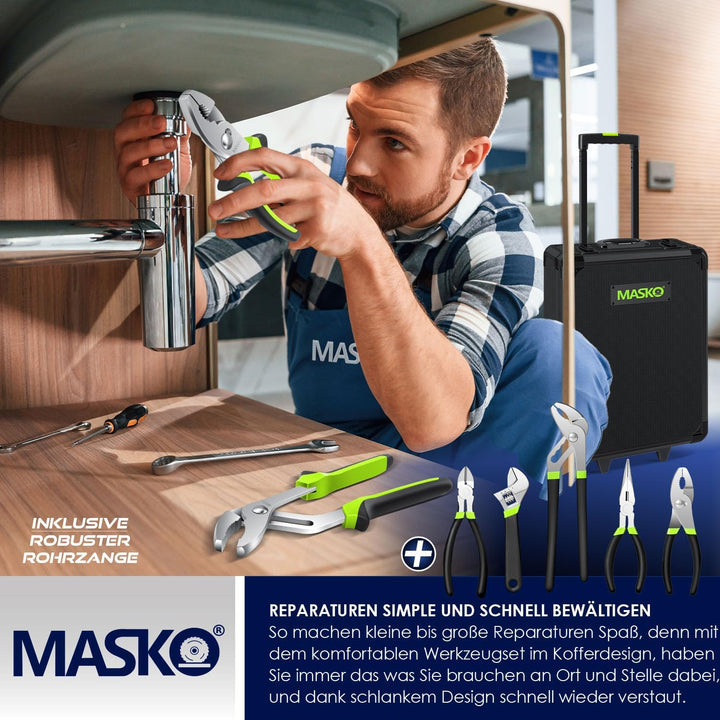 MASKO® Werkzeugkoffer 1400-teilig gefüllt | Werkzeugset im Aluminiumkoffer | Werkzeugkasten mit Roll