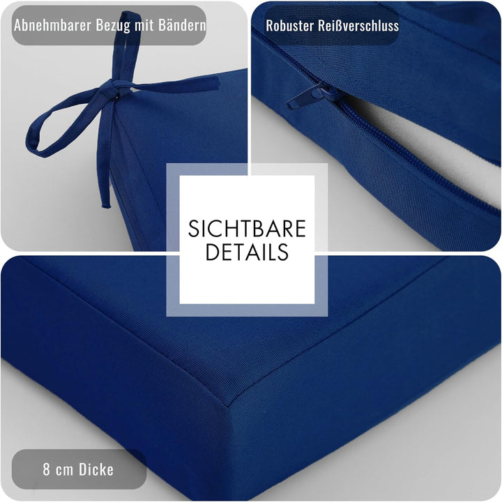 Outdoor Stuhlkissen 45x45, 2er Set mit Bändern, Navy | Wasserdichtes Sitzkissen mit Weicher Schaumst