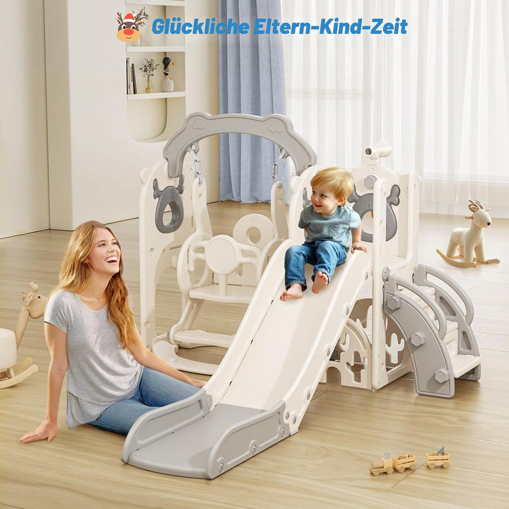 Krovtoy 6-in-1-Kleinkindrutsche, Kleinkindrutsche mit Weihnachtselchmotiv und Schaukelset, Babyrutsc