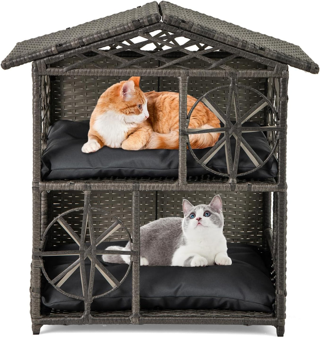 COSTWAY Katzenhaus Rattan, Katzenhütte Outdoor, mit Asphaltdach, abnehmbaren Kissens, Fenstern, Hund