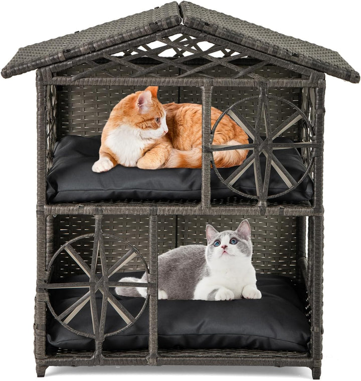 COSTWAY Katzenhaus Rattan, Katzenhütte Outdoor, mit Asphaltdach, abnehmbaren Kissens, Fenstern, Hund