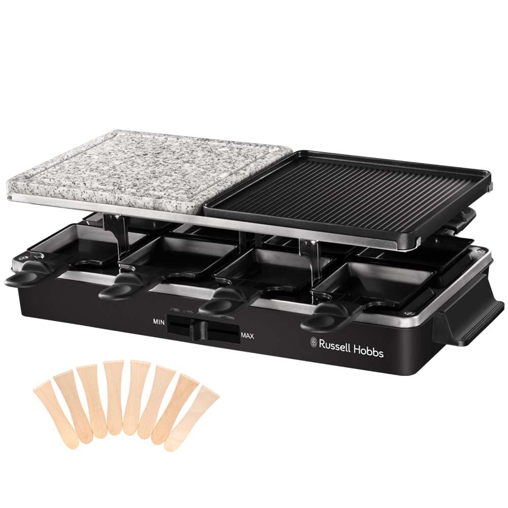 Russell Hobbs Raclette Grill 8 Personen (inkl. 8 Pfännchen & Holzspachtel,2 Tischgrill-Platten: Natu