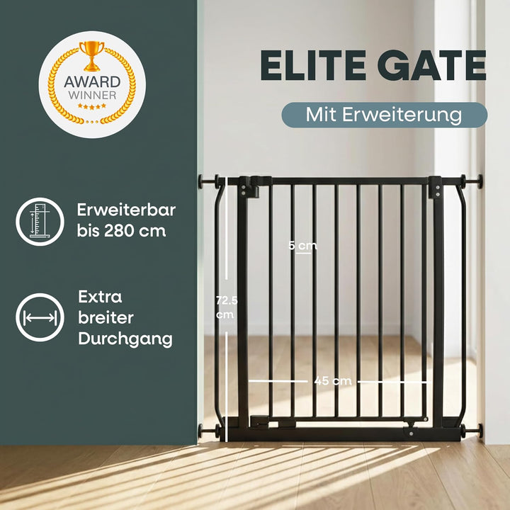Safetots Elite Pressure Treppenschutzgitter Schwarz – Ohne Bohren – Auto-Close & Stay-Open ab 90° –