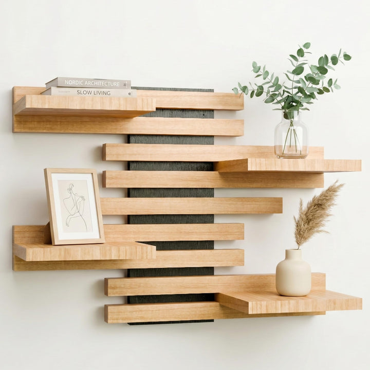 Wandregal Holz Hängend - Modulares Bücherregal Set aus Massivholz - Schwebendes Regalbrett für Wohnz