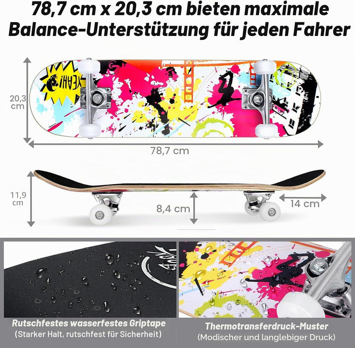 BELEEV Skateboard 31x8 Zoll Komplette Cruiser Skateboard für Kinder Jugendliche Erwachsene, 7-Lagige