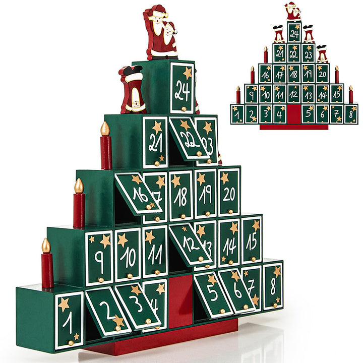Spielwerk® Wiederverwendbarer Adventskalender Tannenbaum zum Befüllen 24 Türchen Bunt Bemalt Weihnac