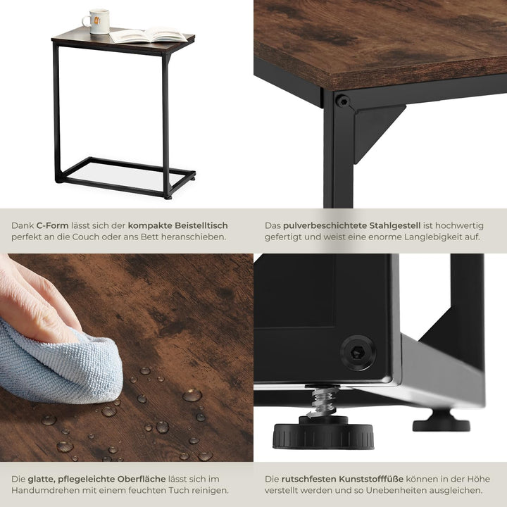 tectake® Beistelltisch Holz Metall, Wohnzimmertisch, Couchtisch C-Form, Laptoptisch für Couch, Bettt