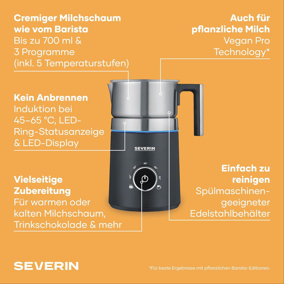 SEVERIN SPUMA 700 Induktions-Milchaufschäumer, elektrischer Milchaufschäumer ohne Anbrennen, spülmas