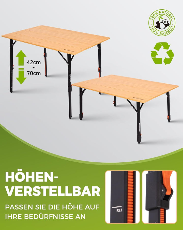 KingCamp Bambus Campingtisch Höhenverstellbar (42-70 cm) – Klapptisch aus Bambus, 120 kg Tragkraft,